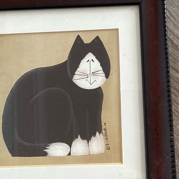 FIDDLESTIX SIGNED CUSTUM FRAMED FOLK ART CAT PICTURE WALL ART - Picture 3 of 6